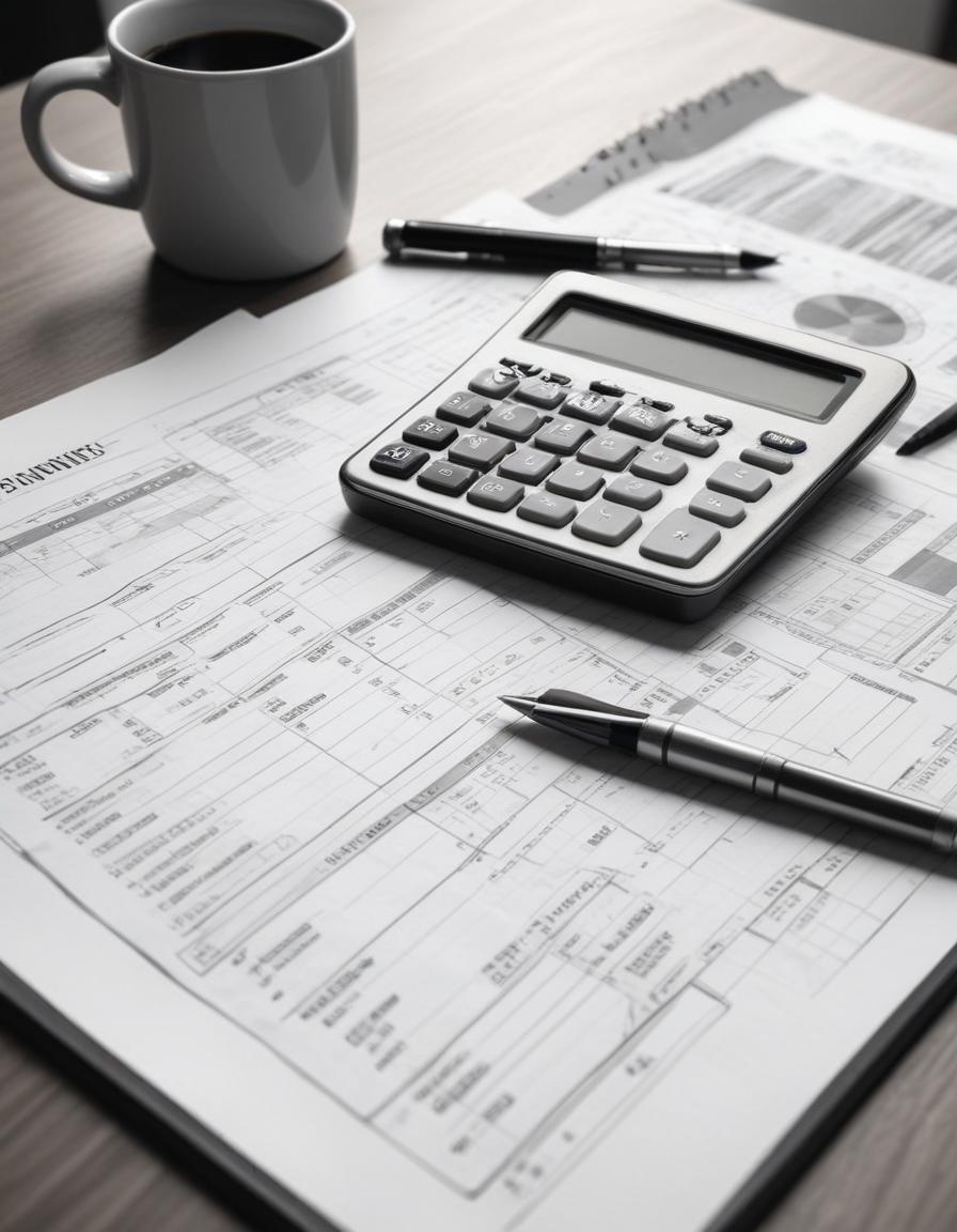 Calculator, financial documents, pen, and coffee mug on desk workspace for budget planning.